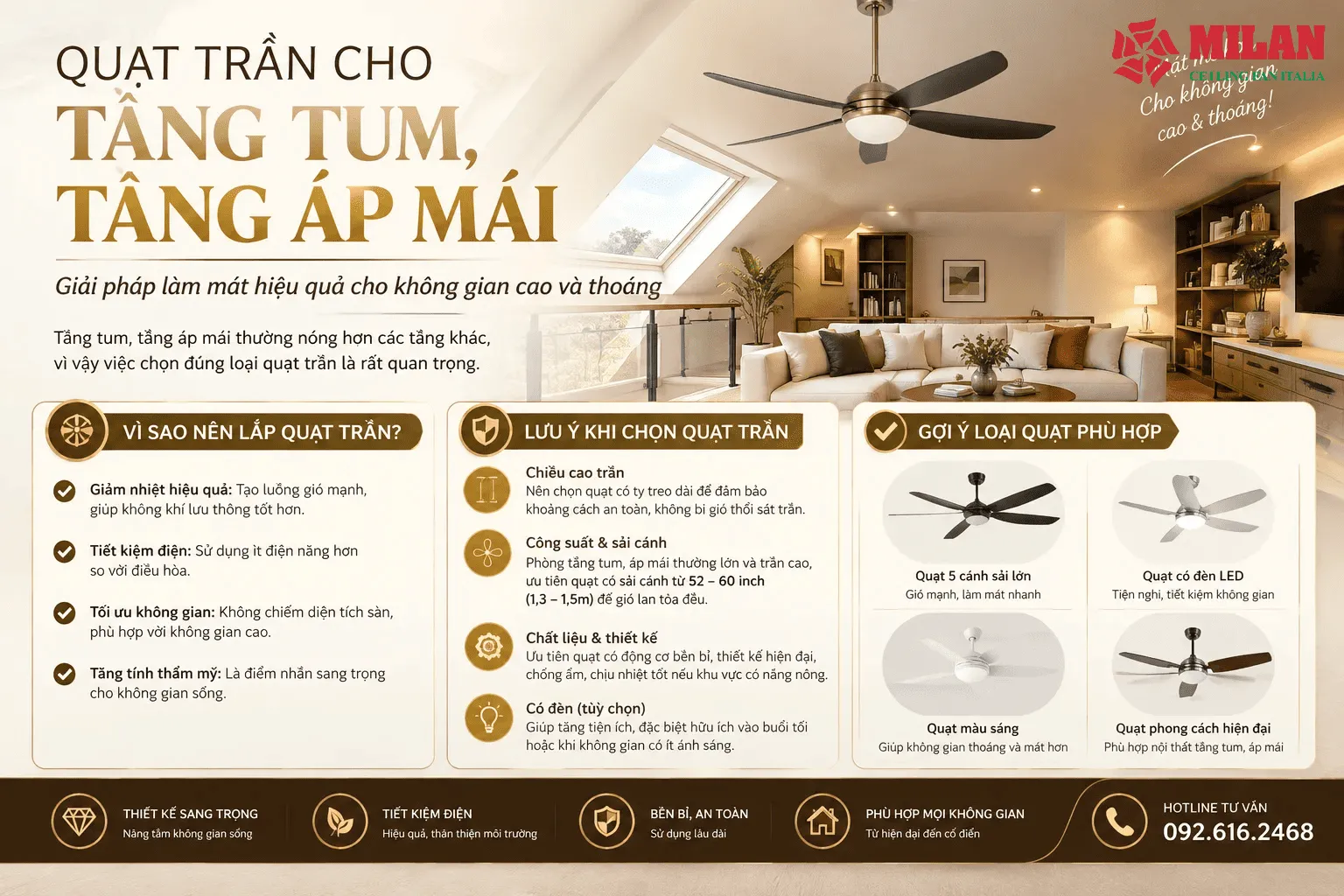 quạt trần cho tầng tum ấp mái
